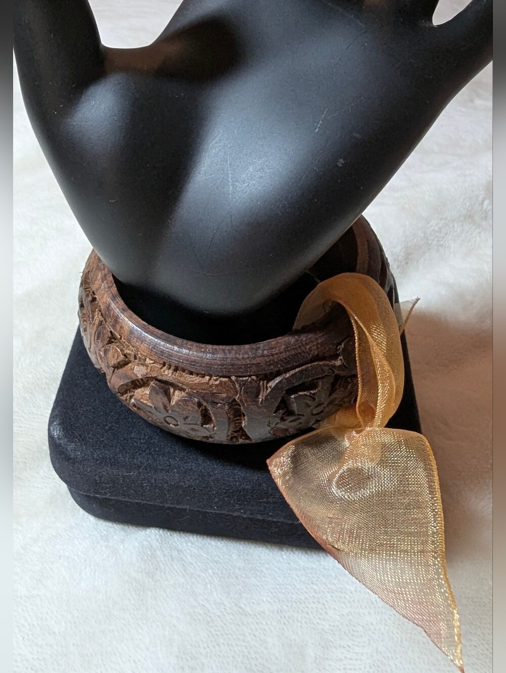 HandCarved Wood Cuff Bracelet Deadstock Vtg 1970s Global Traveler Wide Silk Bow
